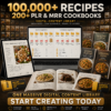 Digital image of a recipe book bundle featuring 100,000 recipes and over 200 cookbooks for various cuisines.