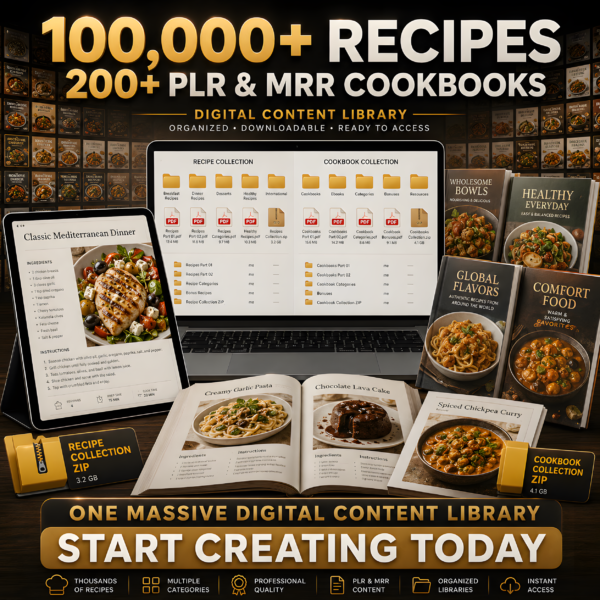 Digital image of a recipe book bundle featuring 100,000 recipes and over 200 cookbooks for various cuisines.