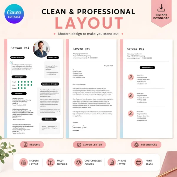 editable-resume-cover-letter-references-professional-layout