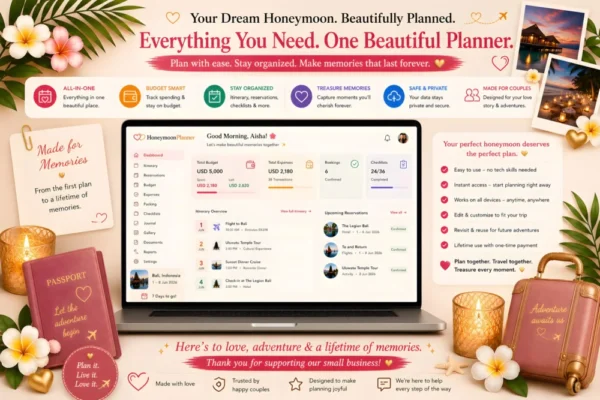 Digital interface of a honeymoon planner app showing trip organization tools for couples.
